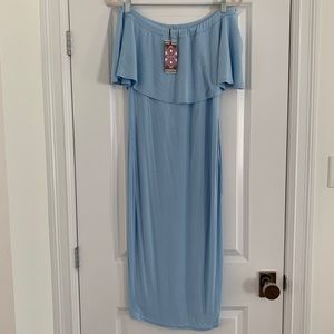 Boohoo maternity pregnancy off the shoulder midi dress blue size 10